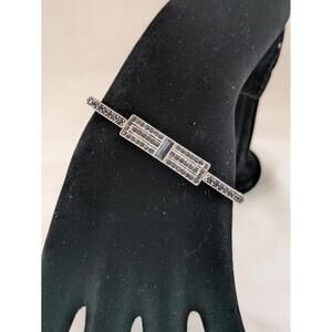 Black Crystal Cuff Bracelet, Art Deco Inspired, Silver Tone Detail